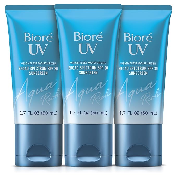 Biore UV Aqua Rich SPF 30 PA+++ Daily Moisturizer Sunscreen for Face, For Sensitive Skin, Oil Free, Hyaluronic Acid, Vegan, Oxybenzone & Octinoxate Free, Dermatologist Tested, 1.7 Oz/3pk