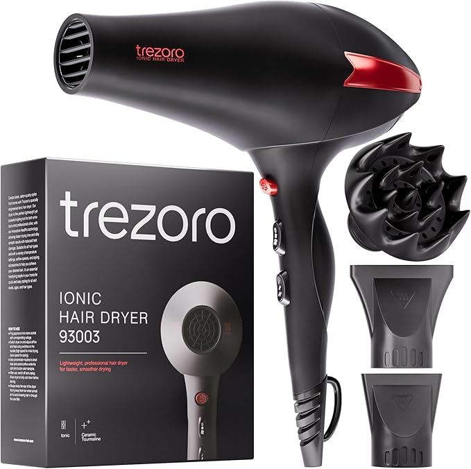 TREZORO Professional Blow Dryer – Ionic Hair Dryer 2000W with Diffuser for Salon & Personal Use – Powerful, Fast & Quiet Drying for Curly Hair, Unwanted Frizz – Design for Travel – 8.2ft Cord