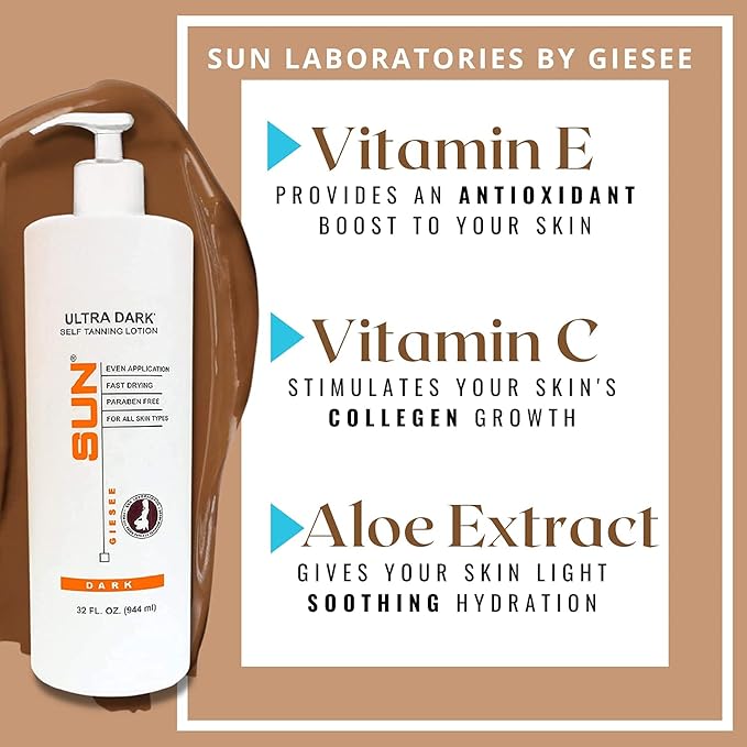 Sun Laboratoreis By Giesee Ultra Dark Self Tanner Lotion 32 oz With Tanning Mitt - Extra Dark Self Tanner, Self Tanning Lotion, Sunless Tanner, Travel Self Tanner, Natural Organic, Self Tanning Mitt
