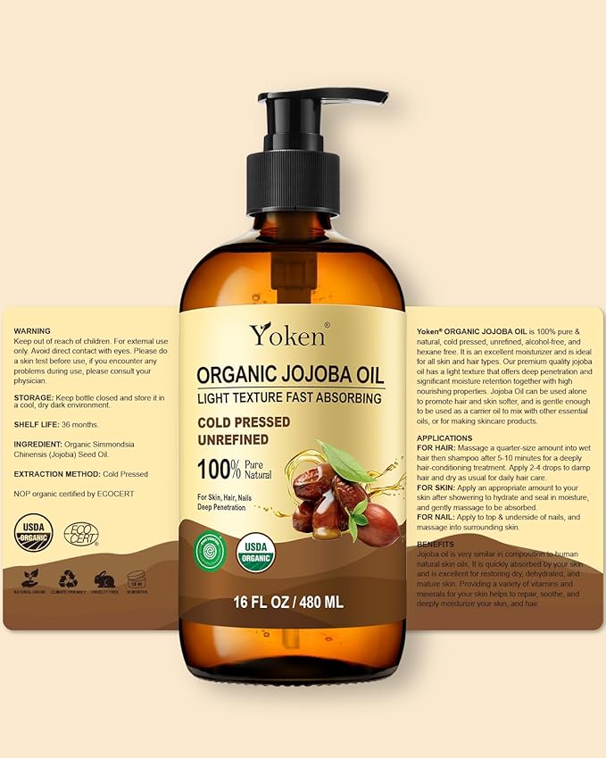 Organic Jojoba Oil Glass Bottle 16 fl oz, USDA Certified 100 Pure & Natural Jojoba Oil for Hair, Skin & Face, Cold Pressed Unrefined Hexane Free, Deeply Moisturizing Body Serum for Gua Sha