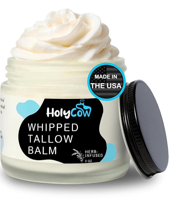 HolyCow Beef Tallow For Skin - Whipped Tallow Balm with Organic Jojoba Oil (Unscented/Herb-Infused), Grass Fed Beef Tallow Face Moisturizer for Eczema, Baby, Lip Balm - Lotion For Extremely Dry Skin
