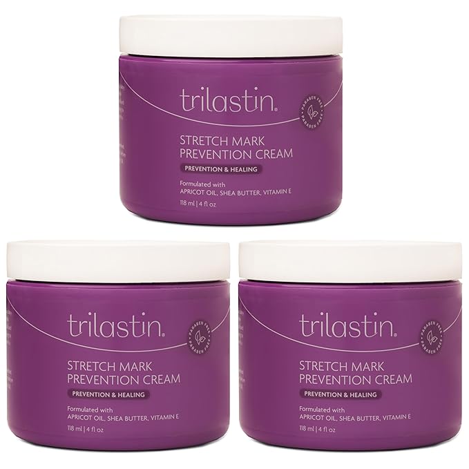 TriLASTIN Maternity Stretch Mark Cream - Hypoallergenic Pregnancy Safe Skin Care - Silicone Scar Cream for Stretch Mark Prevention - Shea Butter Belly Butter Hydration - 4 Oz, Pack of 3