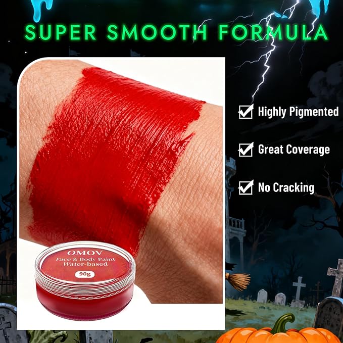 Red Face Paint 90g (3.17 oz) Non-Toxic, Water Activated Face Painting Kit for Kids Adults,SFX Makeup Large Capacity Facepaint Palette for Halloween, Cosplay,Theater Party,Skull Clown Special Effects