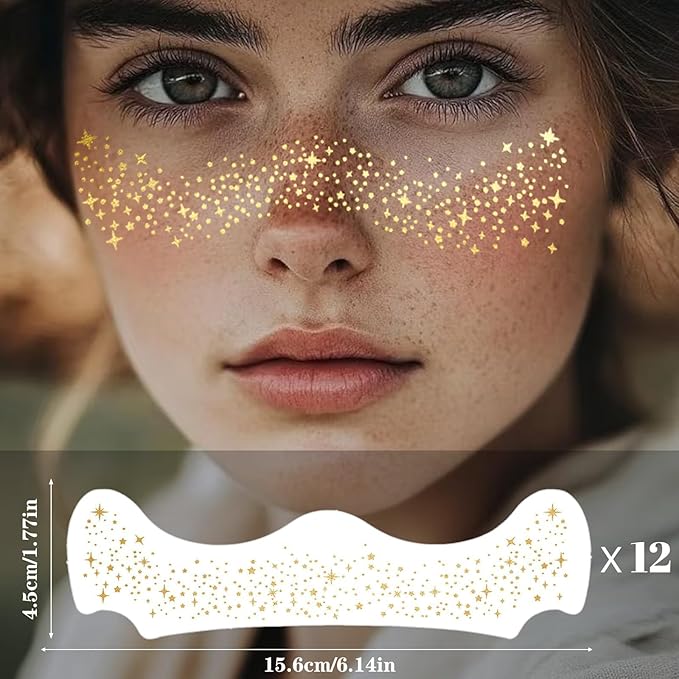 Glitter Freckles, Holographic Face and Body Glitter Tattoo Sparkle for Women Gold Glow Cosmetic Star Makeup Accessories for Festival Rave (12pcs Gold)