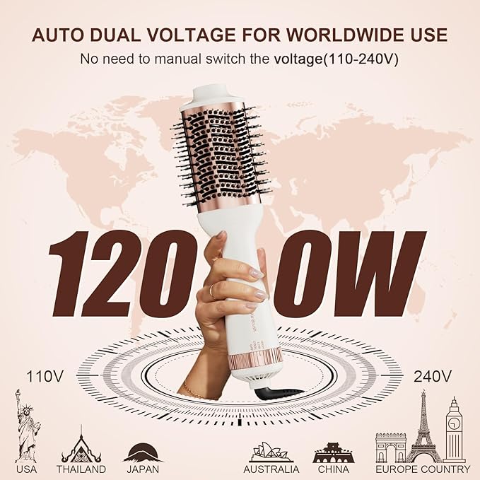 1200W Big Size Professional Hair Dryer Brush Blow Dryer Brush in One, 110v-220v Hot Air Straightener Brush for Smooth Frizz-Free Blowout, Fast Dry & Style