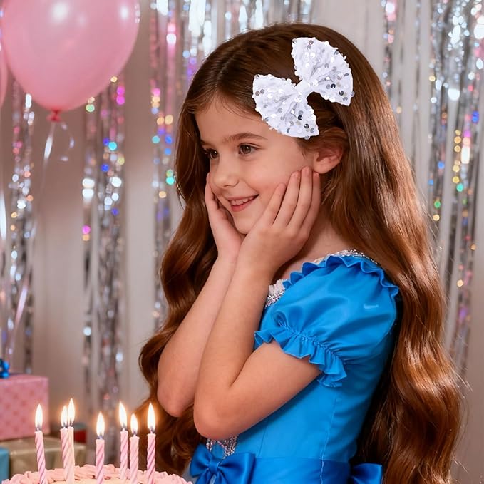 Velvet Sequin Hair Bows Elegant White Bow for Women Girls, 4in Glitter Handmade Hair Clips Alligator Clips Sparkly Ponytail Holder Hair Accessories for Christmas, Birthday Party, Wedding, Valentines