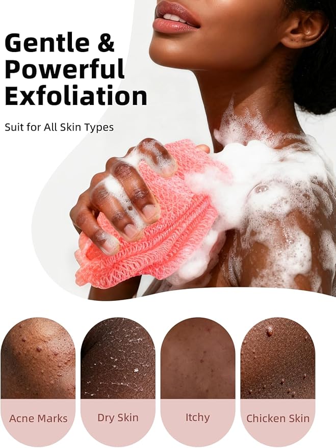 2Pcs African Net Sponge Authentic with Knots - Exfoliating Body Scrubber for All Skin Types, African Bath Sponge, Wash Cloth, Gentle Exfoliation Shower Rag for Women Daily Use(Pink & Purple)