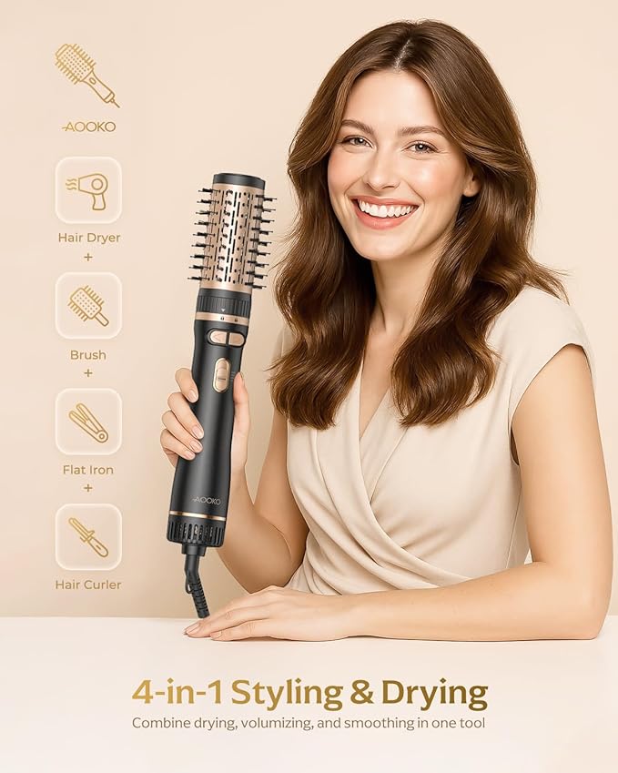 Rotating Hair Dryer Brush, Blow Dryer Brush with 2 Brushes (1.5" & 2") and Concentrator, Fast Drying, Straightening & Volumizing, Gold