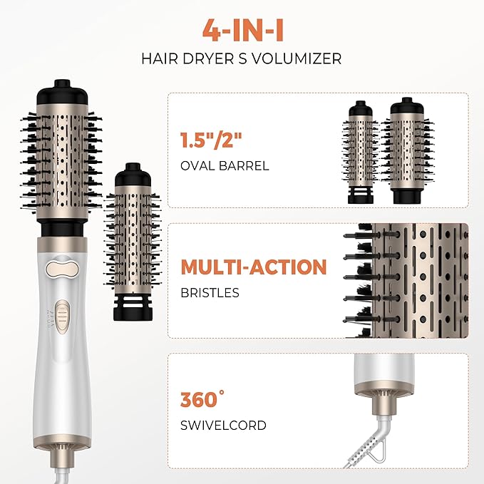 3 in 1 Rotating Hair Dryer Brush, Auto Rotating Blow Dryer Brush Spinning with 2 Brushes (2" & 1.5"), Negative Ionic Brush Blow Dryer, Round Brush Blow Dryer Volumize Curling 100-120V