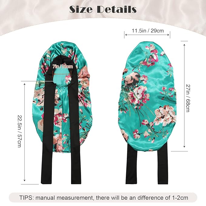 AWAYTR Long Satin Bonnet for Braids - Elastic Silk Hair Bonnets for Sleeping Night Cap Stretchy Tie Band for Women（Flower A）