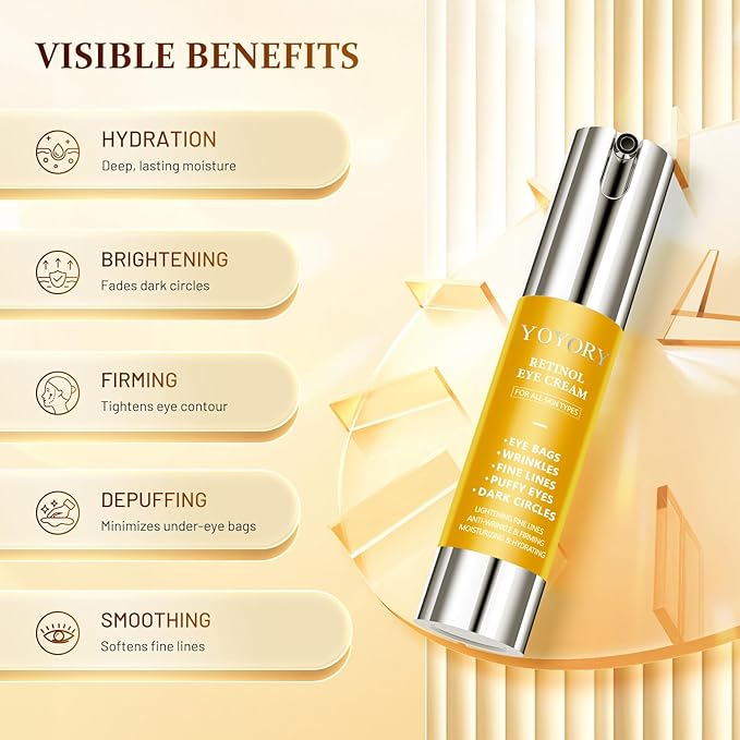 Retinol Eye Cream for Eye Bags - Rapid Under Dark Circles,Wrinkles, Fine Lines, Puffiness | Hydrating Anti-Aging Moisturizer Skin Care, Christmas gifts for Women and men 0.67 fl oz (Gold)