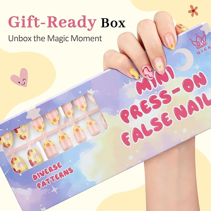 16 Sizes Press on Nails Kit for Kids - 32 Pieces French Almond Fake Nail Tips for Girls 8-12 Years Old with Jelly Nail Adhesives & No-Lamp Nail Glue, Birthday Christmas Gifts (Happy Smile)