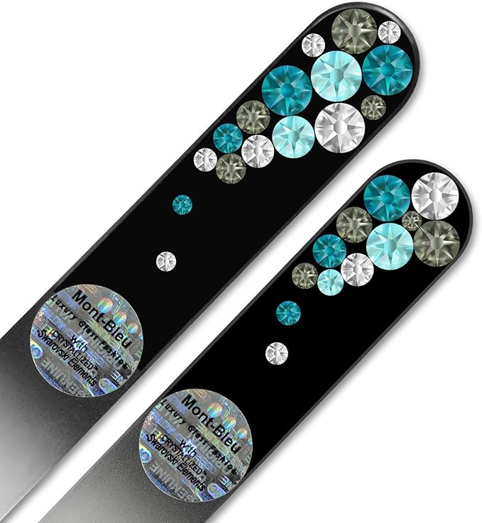 Mont Bleu Set of 2 Glass Nail Files Hand Decorated with Crystals - in Black Velvet Sleeve - Genuine Czech Tempered Glass - Birthday Gifts for Women - Crystal Nail Files for Natural Nails