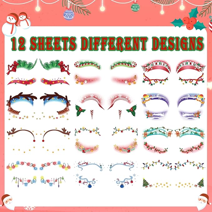 Christmas Eye Shadow Temporary Tattoos Stickers Face Makeup Patches, Xmas Tree Santa Claus Eyeliner Decals Fake Tattoos for Women Girls, Christmas Stocking Stuffers Party Supplies
