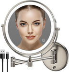 Rocollos Rechargeable Wall Mounted Lighted Makeup Mirror, 8 Inch Double-Sided LED Vanity Mirror 1X/10X Magnification,3 Color Lights Touch Screen Dimmable 360°Swivel 13 Inch Extendable