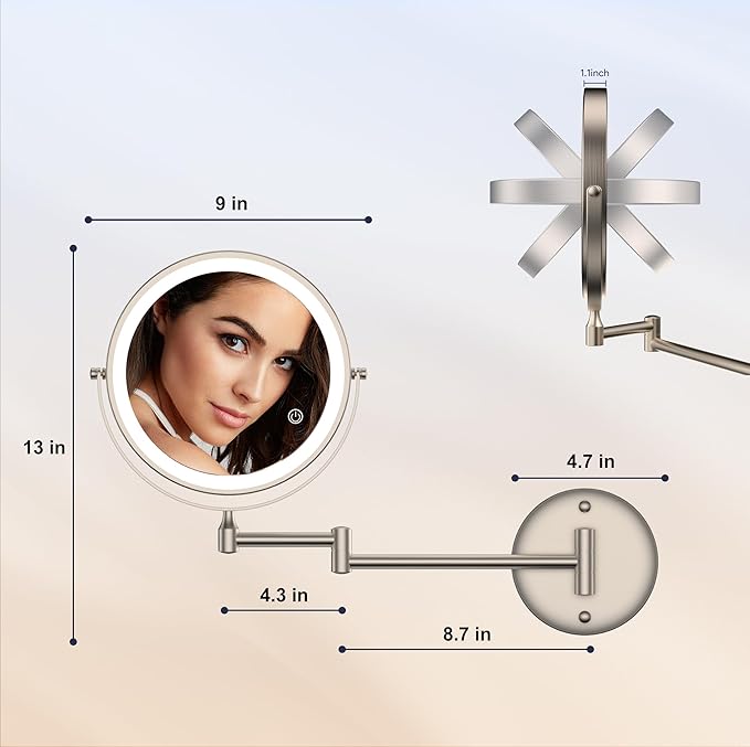 Rocollos 9" Wall Mounted Lighted Makeup Mirror, Large Double Sided 1X/10X Magnifying Mirror, 3 Color LED Vanity Mirror, Touch Dimmable 360° Swivel Light Up for Bathroom