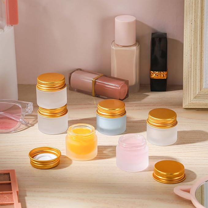 24 pack 10ml Frosted Glass Jars with Gold Lids Small Empty Travel Lotion Containers with Inner Liner Airtight Cosmetic Holder with Labels for Lip Balm Creams Body Butter