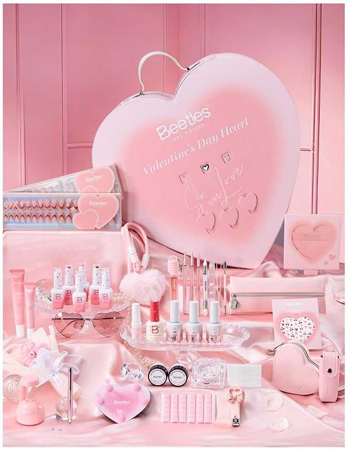 Beetles So In Love Collection – Forever In Love Valentine Gel Nail Polish Kit with UV Light, Pink Gel Polish with Base Top Coat Nail Tips Mini Rose Bouquet, Valentine's Day Gifts for Wife Girlfriend