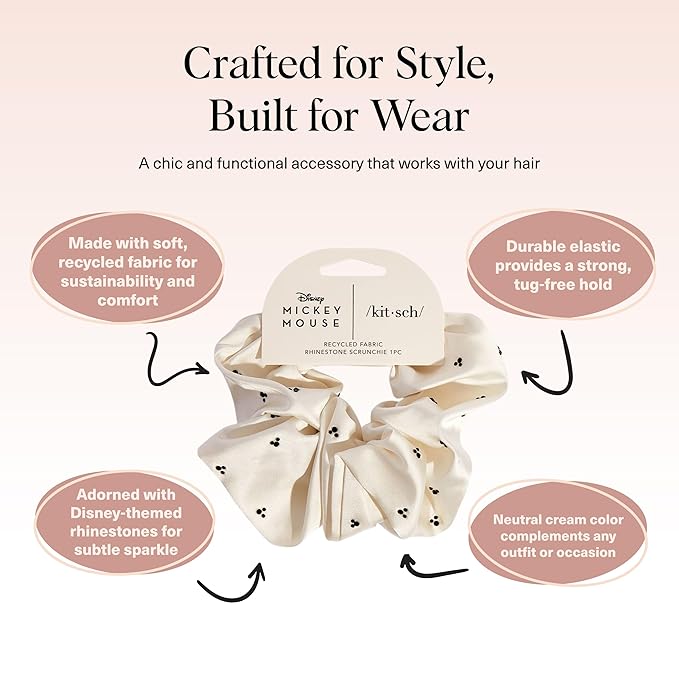 Kitsch & Mickey/Minnie Fabric Rhinestone Scrunchies for Girls and Women, Hair Scrunchies for All Hair Types, Perfect for Updo | Ideal Gifts for Women (Cream) - 1 Piece