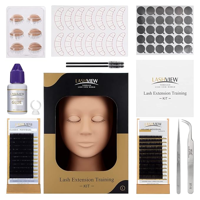 LASHVIEW Lash Extension Kit, Eyelash Extension Kit,Professional Eyelash Mannequin Head Kit with 4pc Removable Eyelids, Lash Kit for Eyelash Extensions Beginners,Training Makeup and Eyelash Graft