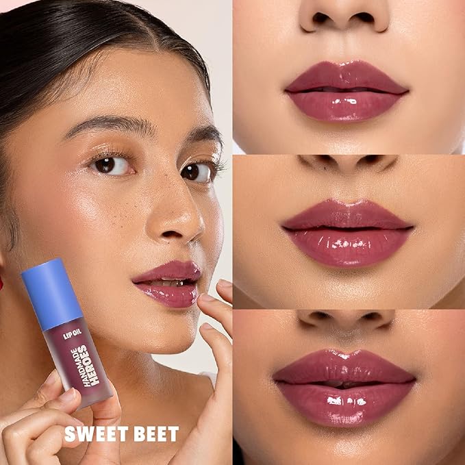 Handmade Heroes 100% Natural Vegan Lip Oil with Squalane Non-Sticky Lip Gloss Moisturizing, Shiny, Nourishing Korean Lip Gloss - Sweet Beet