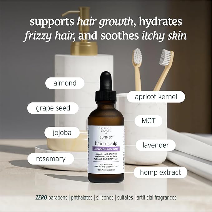 Sunmed Hair & Scalp Oil with Rosemary, Lavender, Jojoba, Vitamin E – Moisturizing Formula for Dry, Itchy Scalp & Frizzy Hair – Nourishes, Hydrates & Supports Hair Growth – 2 fl oz