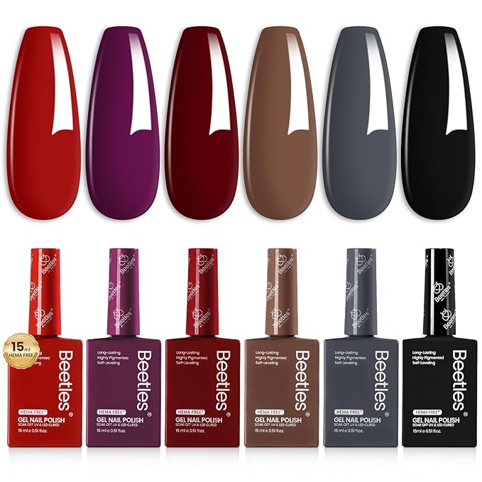 Beetles Winter Gel Nail Polish Set – 6 PCS HEMA-Free Gel Nail Kit Burgundy Dark Red Brown Black Gray UV Nail Polish Color DIY Midnight Elegance Manicure Home Salon Christmas Gifts for Women
