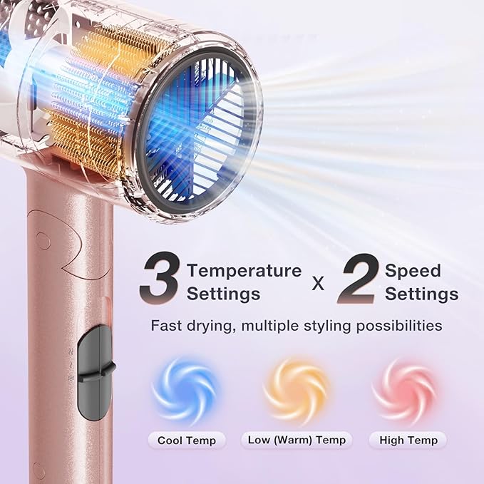 Ionic Diffuser Hair Dryer for Curly Hair, 1875W Fast Drying Blow Dryer with Diffuser and Concentrator Nozzle, Compact & Portable Negative Ion Hairdryer Blowdryer, 3 Heat 2 Speed Settings, Pink