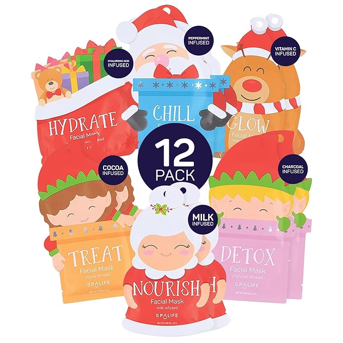 SpaLife Beauty Santa’s Squad Christmas Face Mask Bundle | Korean Facial Masks | Hydrating, Soothing, Complexion Enhancing and Firming Sheet Mask Set | Christmas Gifts for Women | 12 Pack
