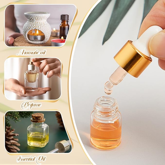 200 Pcs Mini Glass Oil Dropper Bottle Bulk, Clear Essential Small Empty Bottles Sample Containers Perfume Liquid Vials with Cap for Traveling (2 ml,Gold)