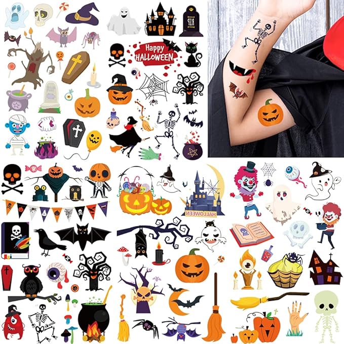360PCS Halloween Temporary Tattoos for Kids, Halloween Face Fake Tattoo Body Stickers Decorations, Face Makeup Assorted Prizes Goody Bag Stuffers Party Favors Supplies Decor Pumpkin Witch Skull Adult