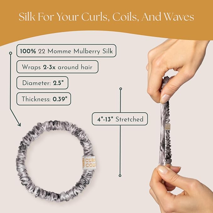 Authentic Mulberry Silk Skinny Hair Match Scrunchies for Women, Anti Breakage Hair Ties for Curly Thick & Thin Hair, 100% Silk for Buns & Ponytail, Silver/Deep Grey (4 Pack)