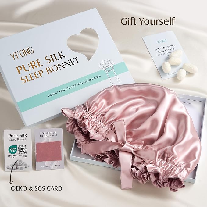 YFONG Double Layered 100% Mulberry Silk Bonnet for Sleeping Women, 22 Momme 6A Luxury Silk Sleep Cap with Elastic Band & Tie, Natural Night Wrap for Hair Care Short Long Curly Hair, Pink