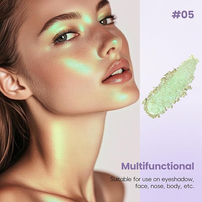 Holographic Light Green Glitter Eyeshadow, Multichrome Shimmer Color Shifting Single Eyeshadow, Chameleon Metallic Iridescent Eye Shadow Palette Bouncy Texture Fairy Highlighter Makeup #5