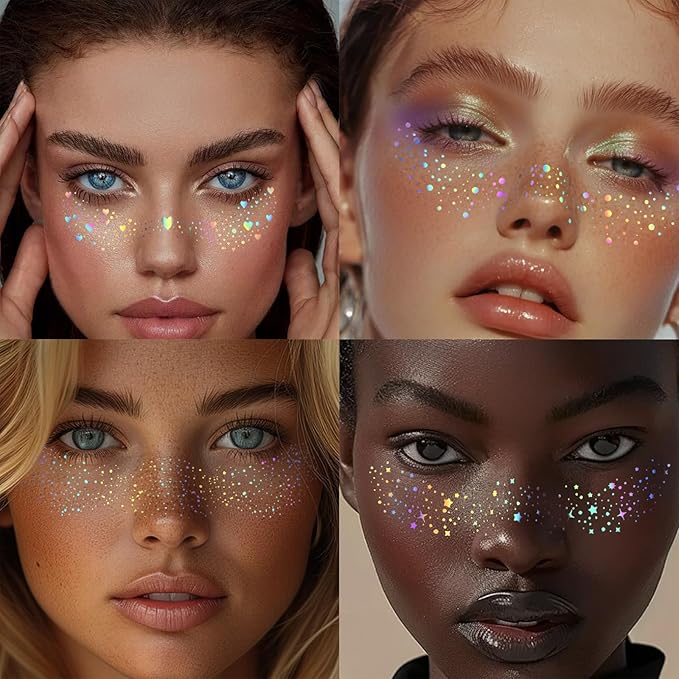 6 pcs Holographic Glitter Freckles Face Tattoo, Waterproof Sparkle Body Glitter Speckles Patches for Women, Cute Star Glitter Stickers Temporary Tattoo Makeup Accessories for Festival Rave