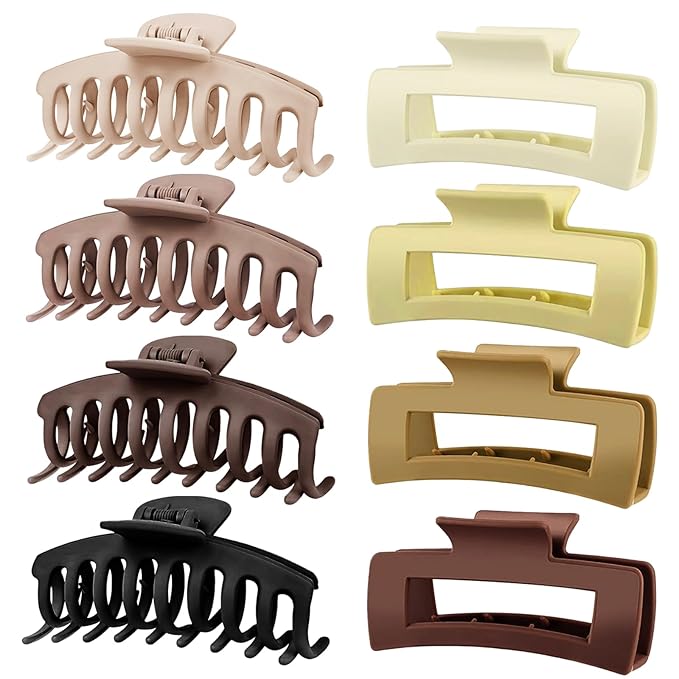 TOCESS Big Claw Clips for Women & Girls, 8 Pack 4.33 Inch Matte Jumbo Hair Claw Clips, Strong Hold Non-Slip Rectangle Hair Clamps for Thick, Curly, Long or Fine Hair
