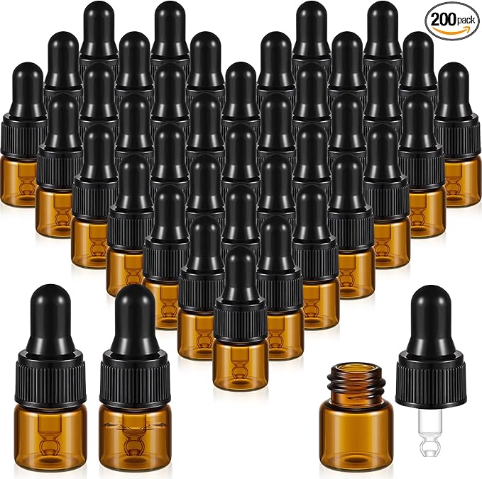 200 Pcs Mini Glass Oil Dropper Bottle Bulk, Clear Essential Small Empty Bottles Sample Containers Perfume Liquid Vials with Cap for Traveling (1 ml,Amber)