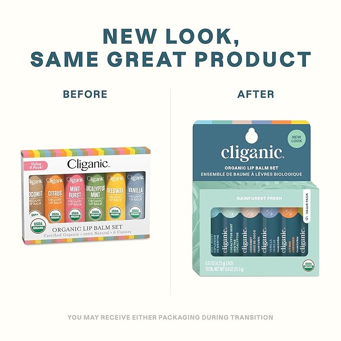 Cliganic Organic Lip Balm Set (4 Packs of 6 Tubes), 100% Natural Moisturizer for Cracked & Dry Lips