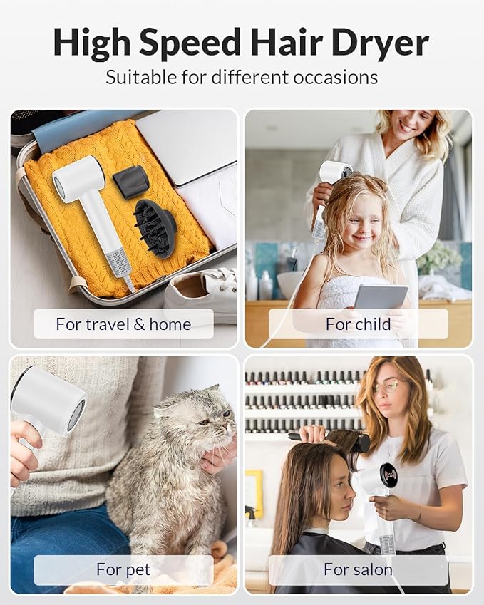 Hair Dryer,Travel Hair Dryer with Diffuser,110000 RPM High Speed Ionic Blow Dryer,Temperature Display,Low Noise&Lightweight Blow Dryer,Fast-Drying,No Heat Damage,Suitable for All Hairstyles(White)