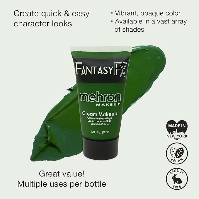 Mehron Makeup Fantasy FX Cream Makeup | Water Based | Halloween | Green Face Paint & Body Paint For Adults 1 fl oz (30ml) (GREEN)