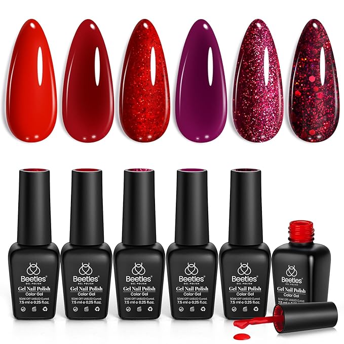 Beetles Red Gel Nail Polish Set Winter Gel Polish 6 Colors Burgundy Red Glitter Purple Soak Off UV LED Art Design Decoration DIY Nail Gifts for Women Poinsettia