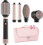 Dual Voltage Hot Air Styler Wrap - 5 in 1 Hair Dryer Brush with Fast Drying Blow Dryer, Styling, Straightening & Volumizing with Travel Bag (100V–240V) Gift for Women (Black + Pink)