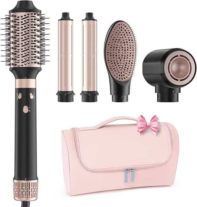 Dual Voltage Hot Air Styler Wrap - 5 in 1 Hair Dryer Brush with Fast Drying Blow Dryer, Styling, Straightening & Volumizing with Travel Bag (100V–240V) Gift for Women (Black + Pink)