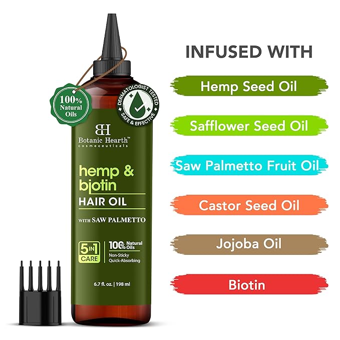 Botanic Hearth Hair Oil for Hair Growth | Strengthening Dry, Frizzy, Damaged Hair & Scalp Treatment | No Parabens or Harmful Sulfates | All Hair Types | Hemp & Biotin Hair Oil - 6.7 Fl Oz