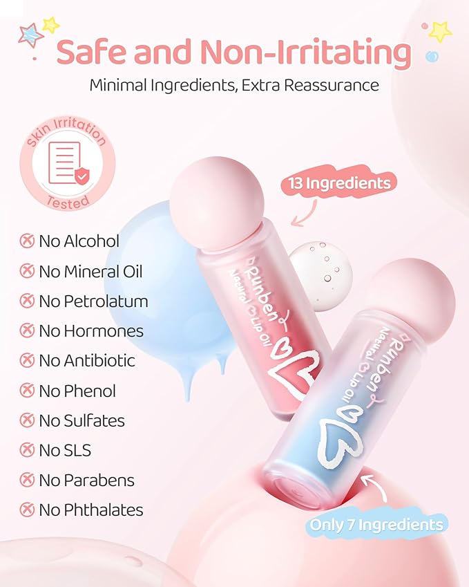 RUNBEN Kids Tinted Lip Oil, 48H Lasting Moisturizing, Glossy Lip Glow Oil, Safe & Non-toxic Makeup for Girls & Teen （Red）