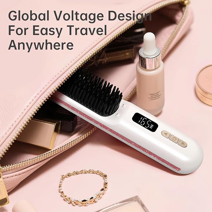Hair Straightener Brush, Portable Cordless Straightening Brush for Travel, Negative Ion Hot Comb Hair Straightener with 9 Temps for Women, Anti-Scald Ceramic, Fast Charge