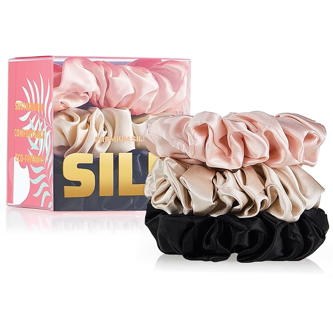 3 Pack Mulberry Silk Scrunchies for Women – 22 Momme 6A Grade Hair Ties, Anti-Frizz & Anti-Breakage, Gentle & Safe for All Hair Types, Daily Styling & Overnight Care