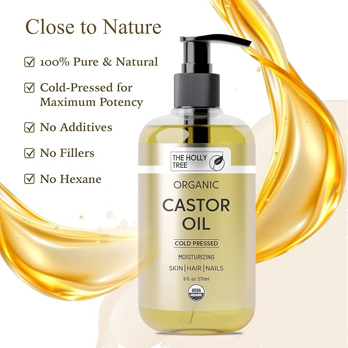 Organic Castor Oil - Cold Pressed 9 fl oz - 100% Pure & Hexane Free - Castor Oil for Hair Growth - Moisturizing & Nourishing - for Face & Body