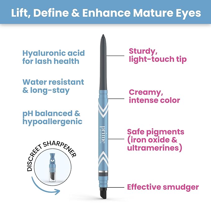 PRIME PROMETICS PrimeEyes Glide Eyeliner for Mature Women – Waterproof, Long-Stay and Mess-Proof – Gel Creme Texture, Discreet Sharpener and Effective Smudger (Golden Metallic)
