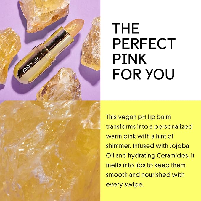 Winky Lux Citrine Glimmer Balm – Nourishing pH Lip Balm with Color Changing Golden Pink Tint, Hydrating Ceramides Soften Lips, Coconut Scent
